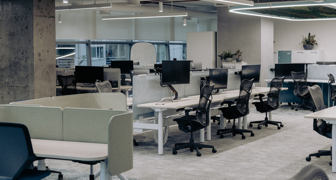 Modern open-plan office interior in a commercial tower, representing a new Chennai office fit-out